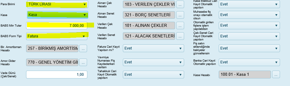 Sarı işaretli alanların değerlerinin belirtilmesi gerekmektedir. Genel tanımlar / Hesap dönem tanımı bölümünden, aktif hesap dönemi tanımı bulunmak zorundadır. Aktif dönem aynı anda bir tane olabilir.