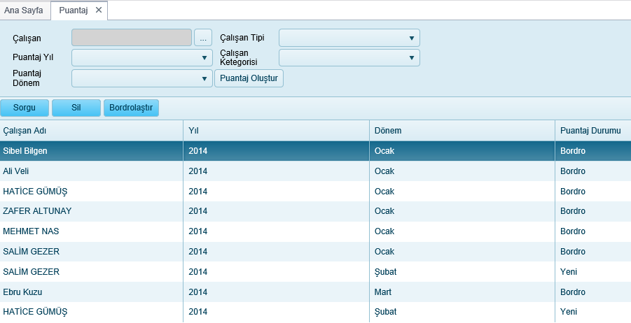 Çalışan Puantaj Yıl Puantaj Dönem Çalışma Kategorisi Çalışan Tipi Çalışan listesinden seçilir. Örn.2012,2013,2014, Örn.