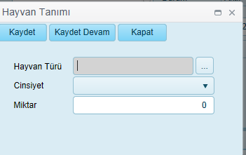 Hayvan Varlık Bilgileri: Hayvan Türü Kategorisi Cinsiyet Miktar Üyenin sahip olduğu hayvanın cinsi Üyenin sahip olduğu hayvanın kategorisi Üyenin sahip olduğu hayvanın cinsiyeti Üyenin sahip olduğu