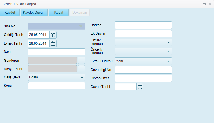 Yeni kayıt yapılacak gelen evraklar için öncelikle Ekle butonuna tıklanır. Yukarıdaki sayfa açılır. Buradan aşağıdaki bilgiler girilerek gelen evrak oluşturulur.