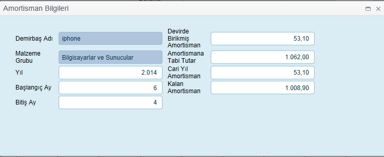 Demirbaş Adı Malzeme Grubu Yıl Başlangıç Ay Bitiş Ay Devirde Birikmiş Amortisman Amortismana Tabi Tutar Cari Yıl Amortisman Kalan Amortisman Dayanıklı taşınırın malzeme hizmet adı bilgisi Dayanıklı