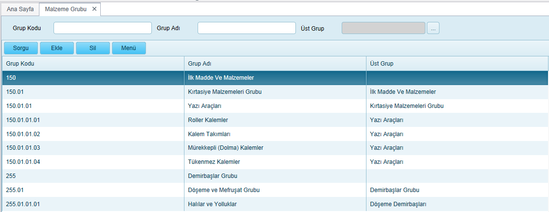 50. Tanımlar 6.1 Malzeme Grubu Malzeme Grubu menüsüne tıklandığında, taşınır mal malzeme gruplarının sorgulanacağı ekran açılır.