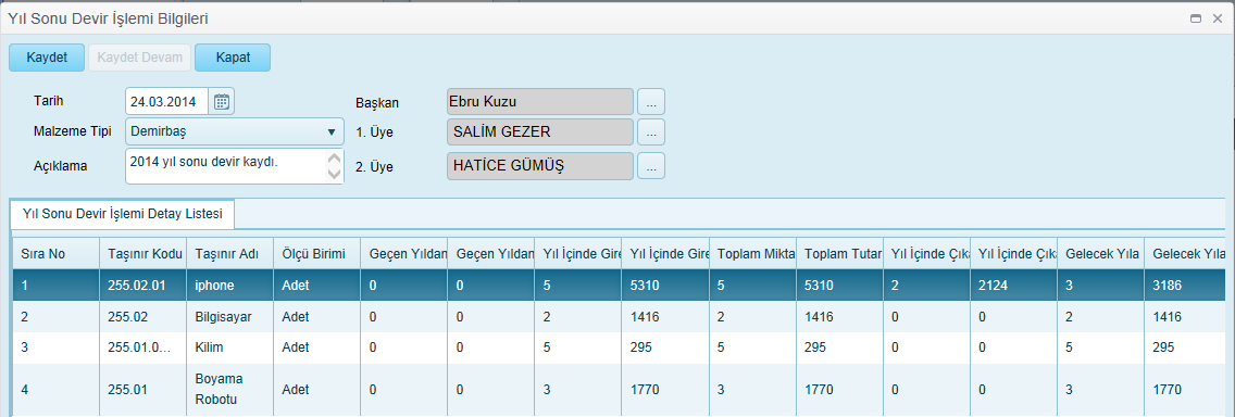 Tarih Devir tarih bilgisi (zorunlu) Malzeme Tipi Devri yapılacak malzeme tipi bilgisi ( Demirbaş ya da Tüketim Malzemesi ) (zorunlu) Açıklama Başkan Devir kaydı ile ilgili varsa açıklama bilgisi