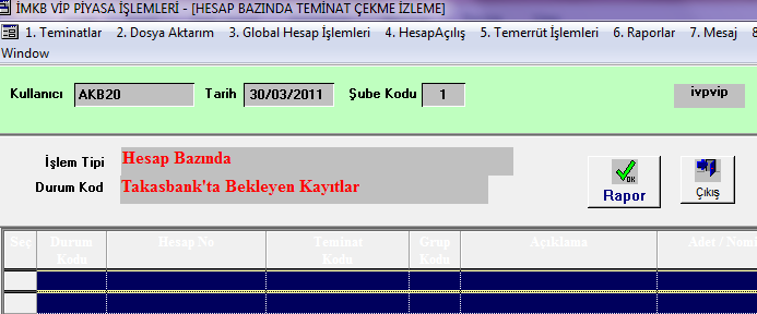 Takasbank ta Bekleyen Kayıtlar(PO); Çekme onayı bekleyen hesapların izlenmesini sağlayan ekrandır.