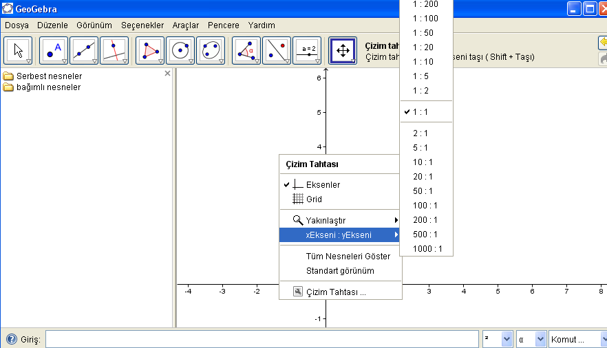 Şekil 34: Çizim tahtasındaki tüm nesneleri seçme Grafik Penceresine sağ tıklanıldığında x ve y ekseni ölçeklendirilebilir. Eksenler program ilk açıldığında 1:1 olarak çizilmiģtir.