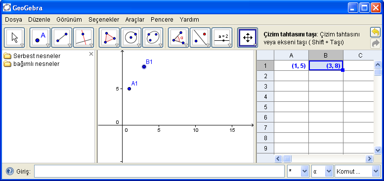 4.3 HESAP ÇİZELGESİ GeoGebra programında aynı zamanda Hesap Çizelgesi de yer almaktadır. Hesap çizelgesine CTRL+SHİFT+S veya Görünüm menüsünden Hesap Çizelgesi Görünümünü seçerek de ulaģılabilir.