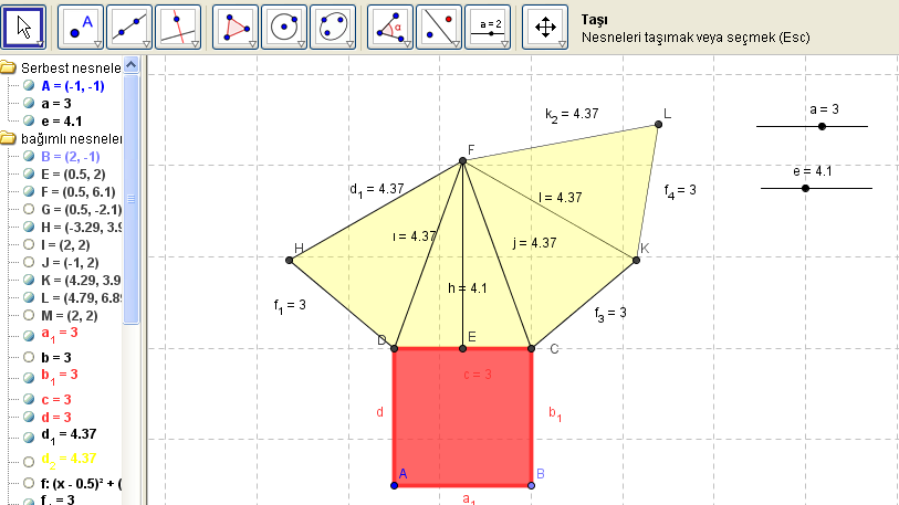 düğmesi ile Alan HFD=6,15, DF=6.15I, FIK=6,15, FKL=6,15 olduğu belirtilir. düğmesi ile de ABCD dörtgeninin alanı belirlenir.