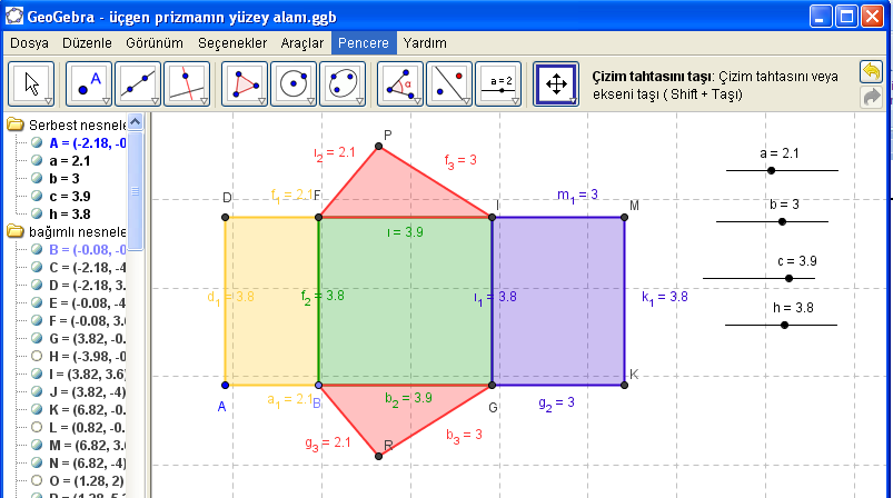 ġimdi ise düğmesi ile B merkezli ve a yarıçaplı s çemberi çizilir. Benzer Ģekilde G merkezli b yarıçaplı t çemberi, I merkezli b yarıçaplı c_1 çemberi ve F merkezli a yarıçaplı e_1 çemberi çizilir.