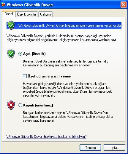 Internet Connection Firewall Windows XP Internet güvenliğini yerleşik bir yazılım olan Internet Connection Firewall ile sağlar.