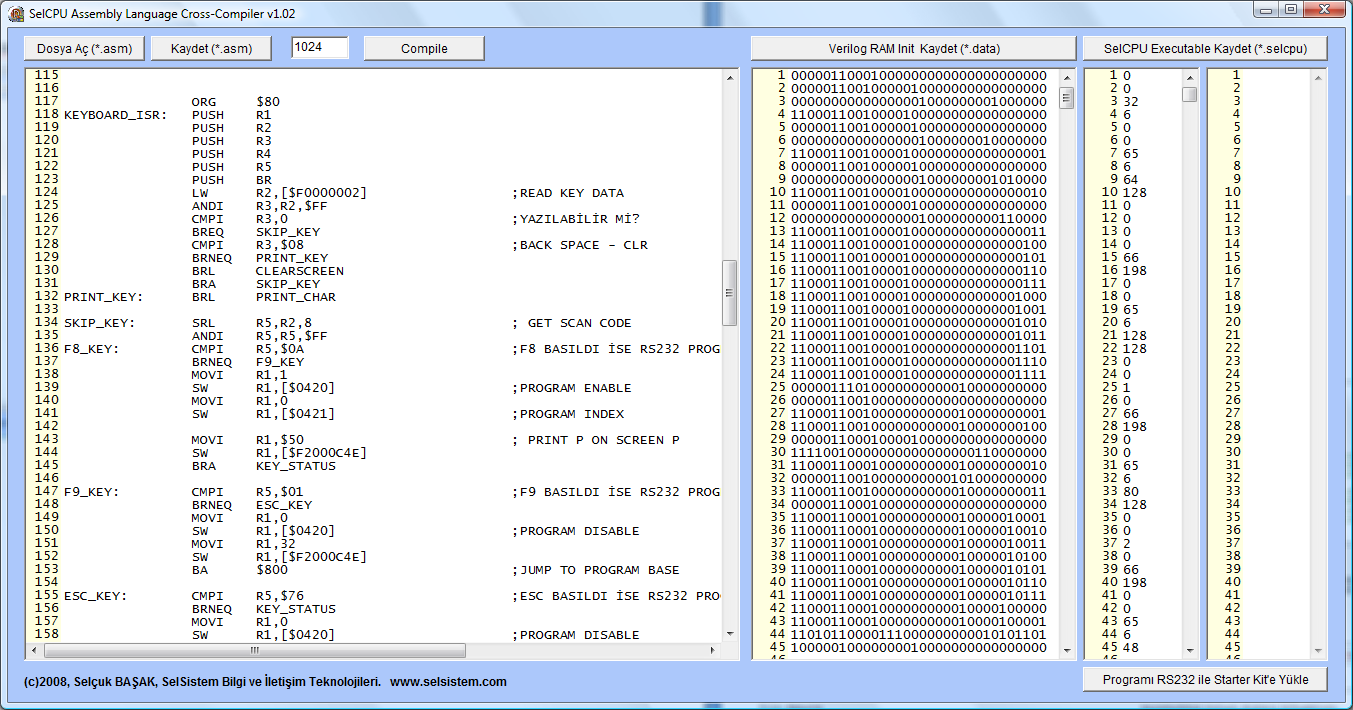 SelCPU Assembly Cross-Compiler Program geliştirmek için geliştirmiş olduğumuz assembly cross compiler aracı ile hazırlanan programlar derlenebiliyor.