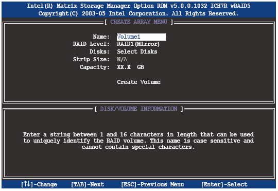 RAID 1 seti(yansım a) oluşturm ak RAID 1 setioluşturm ak için: 1. Aracın ana m enüsünden, 1. Create RAID Volume m addesiniseçin ve <Enter>a basın. Bu ekran görüntülenecektir. 2.