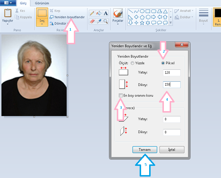 -4 nolu ok ile gösterilen bölümde Yatay=120, Dikey=150 değerlerini giriniz. -Mavi ok ile gösterilen tamam butonuna tıklayarak resim boyutlandırmayı tamamlayınız. Ve resminizin yeni halini kaydediniz.