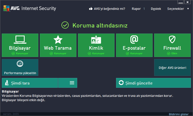 5. AVG Kullanıcı Arayüzü AVG Internet Security 2013 ana pencerede açılır: Ana pencere çok sayıda bölüme ayrılır: Üst satır gezinme ana pencerenin üst bölümünde yan yana dizilen dört aktif bağlantıdan