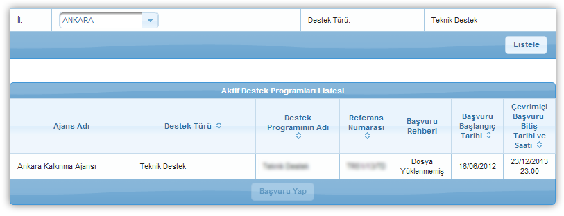 Aktif Destek Programları Listesi Ekranı Seçilen ile ait Sistem de kayıtlı olan destek programları Aktif Destek Programları Listesi Ekranı'nda listelenir.