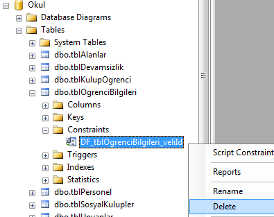 Management Studio da oluşturulan kısıtlayıcıları düzenlemek için üzerinde fareyle sağ tıklayınız.