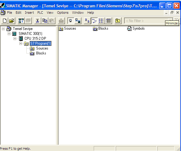 STEP 7 Simatic Manager Proje: Donanım ve diğer yapıların(mpi, Profibus gibi) saklandığı klasör Simatic S7300 Station : Uygun donanım yapısının ve CPU datalarının saklandığı klasör Symbols: Sembolik