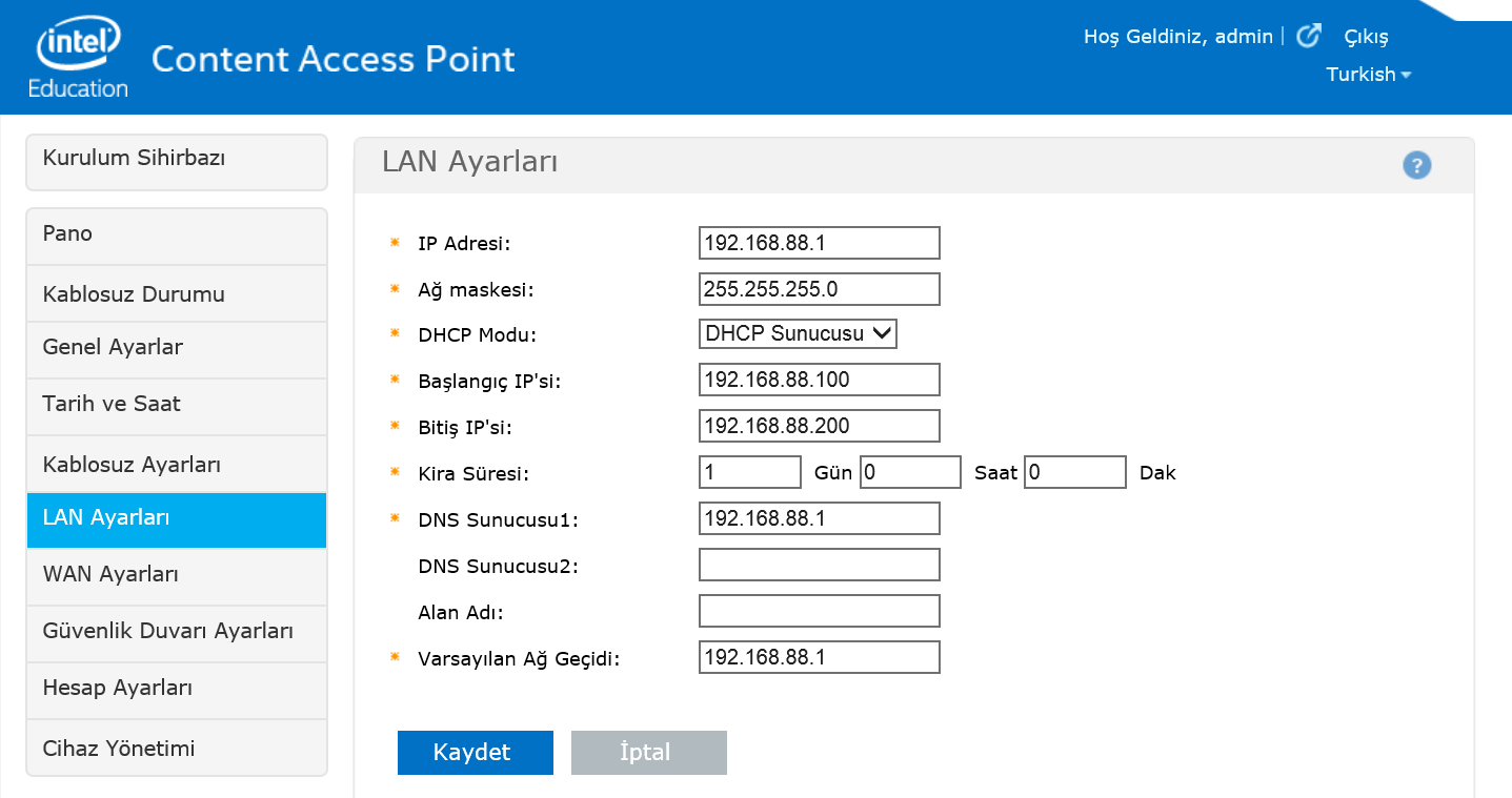 Gelişmiş Yönetici Rehberi 5.7 LAN ayarları Intel Education Access Point'in IP adresini (LAN tarafı) ve DHCP sunucu yapılandırmasını ayarlayın. (Bkz. Resim 41.) 5.7.1 IP adresi İstenen IP Adresini girin.