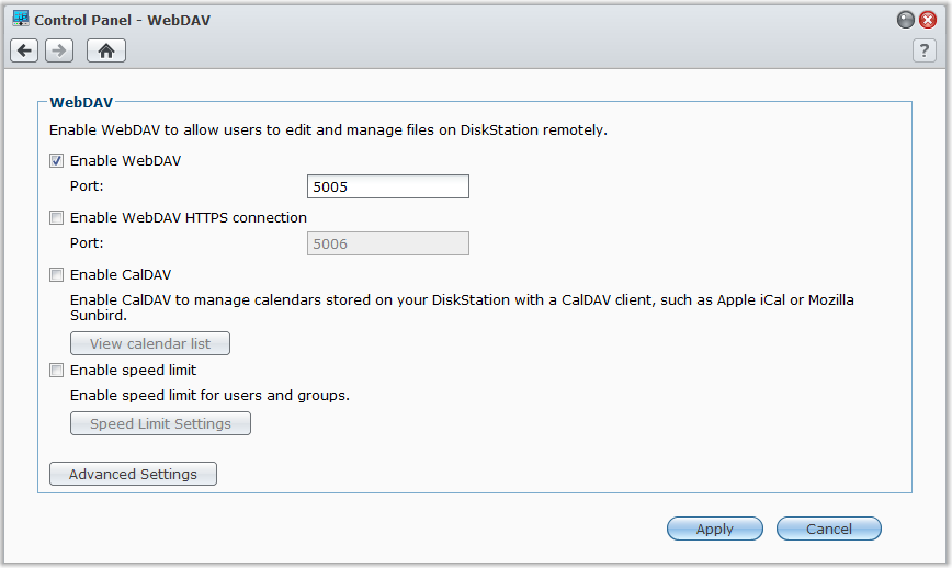 Synology DiskStation Kullanım Kılavuzu Dosyalara WebDAV aracılığıyla Erişin WebDAV veya CalDAV etkinleştirmesi ile (Ana Menü > Denetim Masası > WebDAV