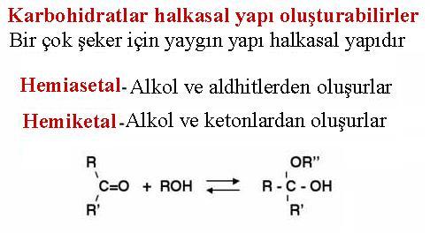 Biyokimya I/ Hikmet Geçkil bağ kurulur). Fruktoz ise furan halkası şeklinde bulunur ve bu yapıya furanoz denir (2. pozisyondaki keto karbonla 5. pozisyondaki karbon atomu arasında bağ kurulur).