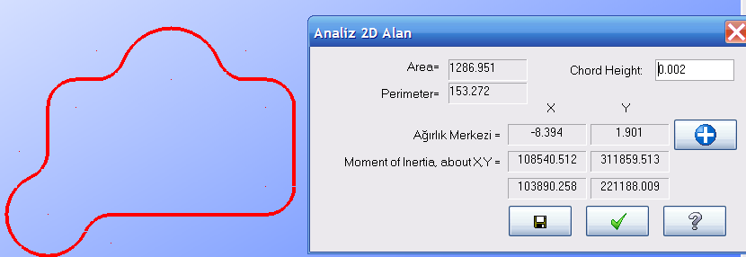 Analiz / Alan/Hacim analizleri: OluĢturulan Tel kafes, yüzey ve katıların alan, hacim, kütle, ağırlık merkezi ve atalet momentleri gibi özelliklerini hesaplamaya yarar.