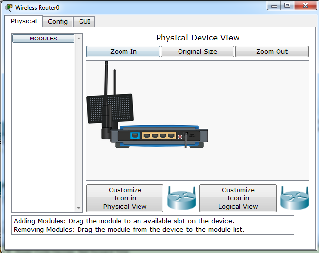 PC nesnesinde masaüstü ve dizüstü bilgisayraları için modüller (Modules) sekmesi altında ik seçenek bulunur. Bunlardan ilki Wireless Router, ikincisi de PT-HOST-NM-1W-A modülleridir.