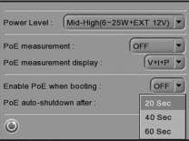 T8414 PoE Ölçüm Ekranı Gerilim (V), Akım (I) ve Güç Sarfiyatı (P) dahil aşağı açılır listeden PoE Ölçüm bilgisinin istenilen kombinasyonunu seçin.