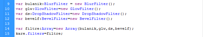 Şekil 4.10: Işıma efekti Sahnemizdeki ışıma filtre kodlarını silerek eğim efekti vermek için gerekli kodları yazın. CTRL+Enter ile animasyonu test edin. Şekil 4.