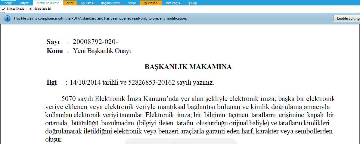 yap butonu ile açıldığında metin ön izleme penceresi açılır ve sistem belgeyi imzalamaya veya iade etmeye imkân sağlar.