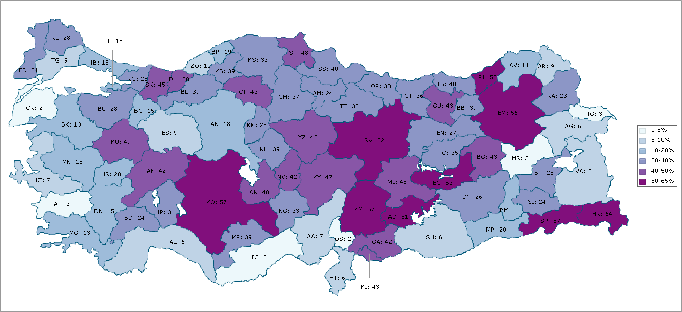 ii. AK Parti 23 ilde seçimi %40 ın üzerinde oy farkı ile kazandı Ġl bazında en çok oyu alan parti ile hemen arkasındaki partinin oy farkını incelediğimizde, AK Parti nin seçim bölgelerinde sadece