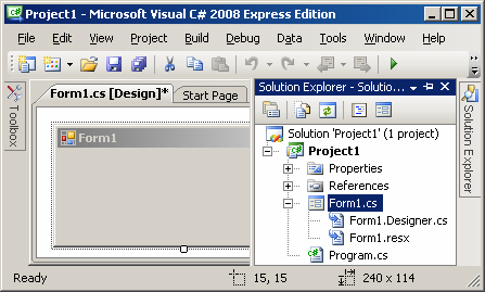 Bölüm 6: Windows Forms Uygulamaları 103 Windows Application şablonu ile hazırlanan projeye bir form dahil edilmekte ve bu formun görsel yapısı Express Edition penceresine getirilmektedir.