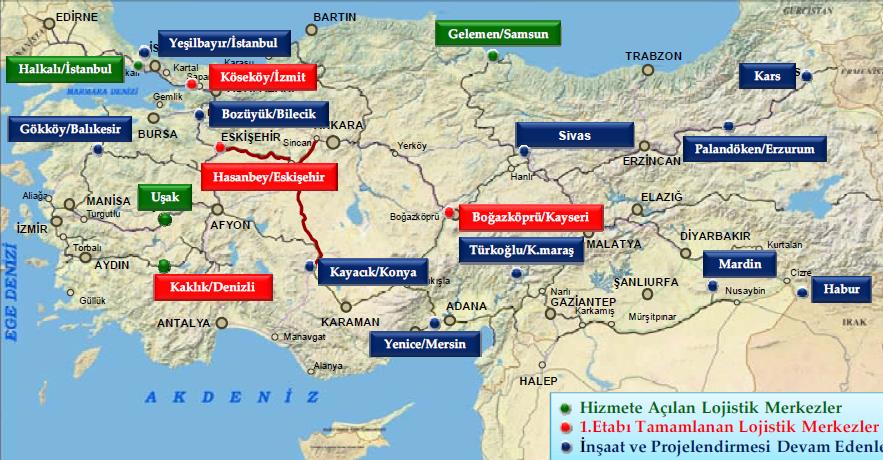 So, 4 logistics centers were opened by the end of 2012, while 18 logistics centers will have been opened by 202. Open Under Construction Planned Figure 10. Logistic Centers operated by TCDD.