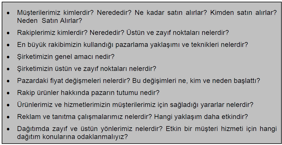 İhtiyaç duyulan bilgileri, cevaplanması gereken sorular biçimine