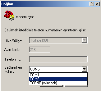 Örn; modem ayar yazalım. Tamam butonuna basalım. Şekil 141 Bağlantı Tanımı Modeminizin seri com portunu seçiniz. Tamam butonuna basınız.