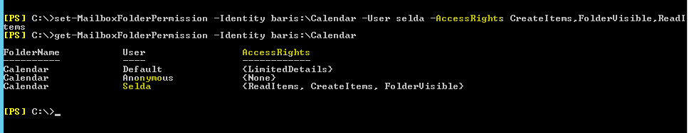 Not: Olmayan bir izni set- ile editleyemezsiniz. Önce Add- ile eklemelisiniz! Selda kullanıcısı reviewer role u ile baris kullanıcısının mailbox ındaki item ı aşağıdaki gibi görebiliyor.