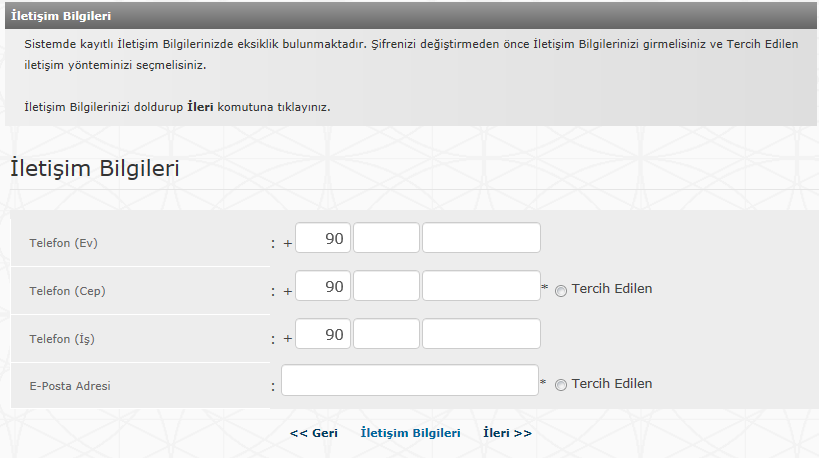 T.C. Kimlik Numarası girilerek Ġleri butonuna basılır. Gizli Soru ekranına ulaģılır. ġifre oluģturma iģlemi sırasında kullanılan Gizli Soru görüntülenir.