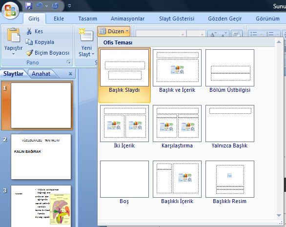 Sunu hazırlama programı ilk baģlatıldığında BaĢlık Slaytı isimli düzen varsayılan olarak ayarlanmıģ olarak açılır. Ancak bu düzeni değiģtirmek mümkündür.
