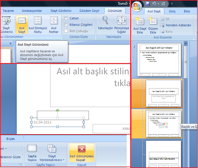 2.8. Asıl Slayt OluĢturma Asıl slayt, slayt hiyerarģisinde bir sununun teması ve slayt düzenleri ile ilgili olarak arka plan, renk, yazı tipleri, efektler, yer tutucu boyutları ve konumlandırma gibi