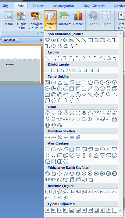 Bir slayta Ģekil eklemek için; ġerit üzerindeki GiriĢ sekmesinde yer alan Çizim bölümünden eklenmek istenilen Ģekil seçilir ve slayt üzerinde istenilen yere fare yardımıyla çizilir. Resim 4.
