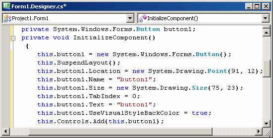 110 Memik Yanık - Visual C# a Başlangıç Kitabı Toolbox tan yararlanıp forma button nesnesi yerleştirildiği zaman Express Edition(aynı şeyler Visual Studio içinde söylenebilir) ilk olarak button1