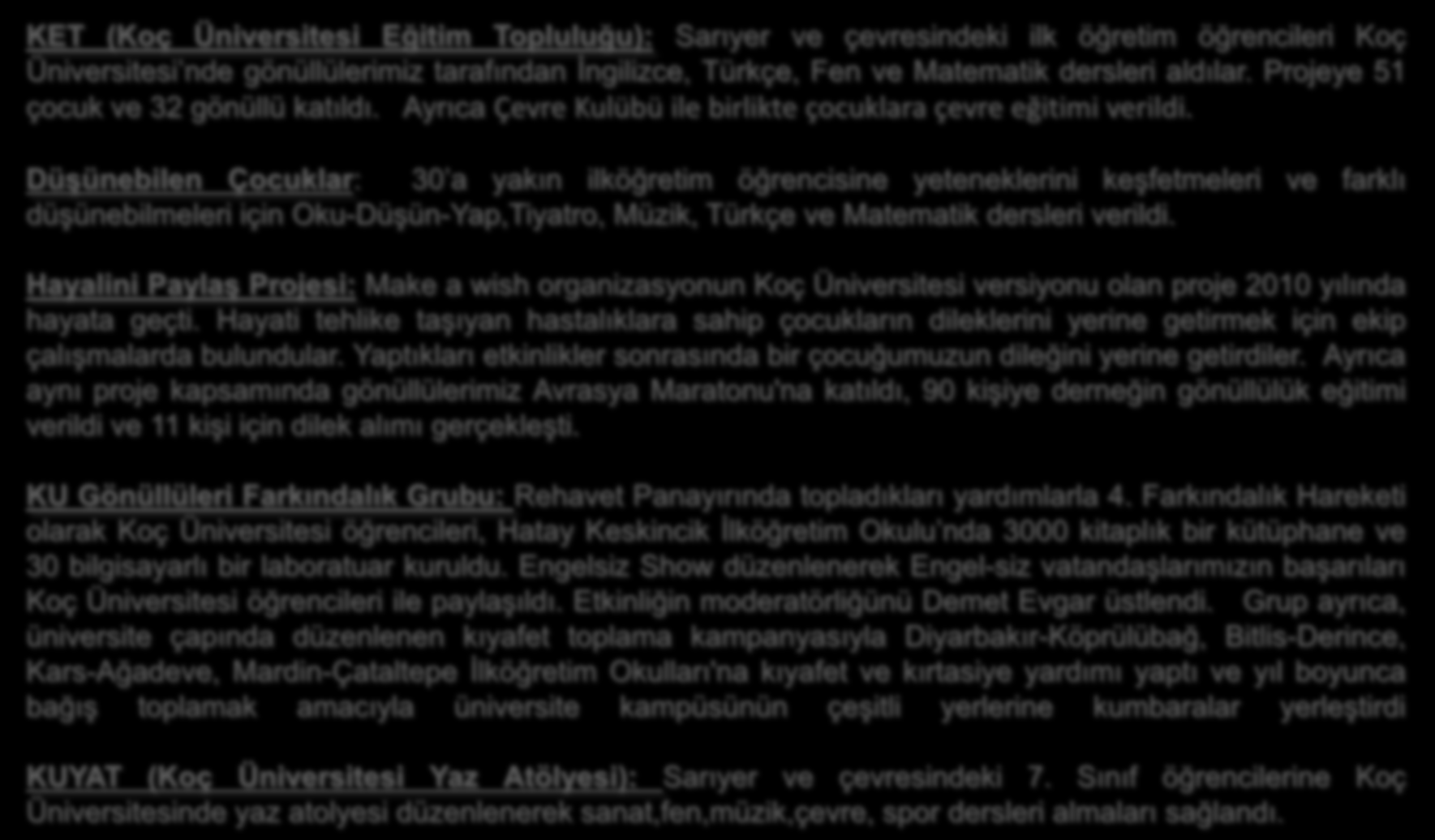 KET (Koç Üniversitesi Eğitim Topluluğu): Sarıyer ve çevresindeki ilk öğretim öğrencileri Koç Üniversitesi nde gönüllülerimiz tarafından İngilizce, Türkçe, Fen ve Matematik dersleri aldılar.