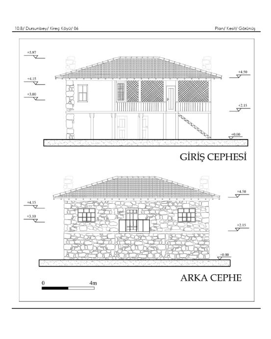 Şekil 14 Kireç/Dursunbey deki 6 numaralı evin plan,kesit ve görünüşleri (Rölöveler Kitabı ndan).