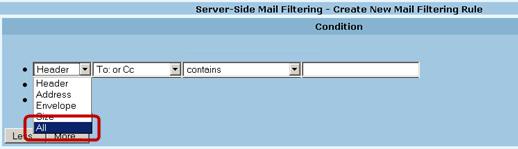 1.3. Gelen tüm e-postalarla ilgili işlem yapmak için; "Condition" bölümünde "Header" yazan seçim kutusunu tıklayıp "All" seçeneğini