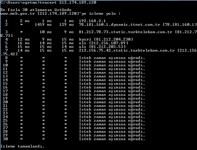 Resim 3.5: tracert <ip address> komutu ile www.meb.gov.