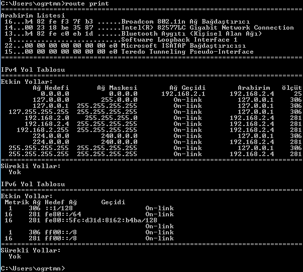 Resim 3.6: route print komutu ile yönlendirme tablosu görüntüsü 0.0.0.0/0.0.0.0 tanımlanabilecek en genel networktür. Bütün IP numaralarını kapsar. 127.0.0.1 (Loopback) bilgisayarın kendisini ifade eder.