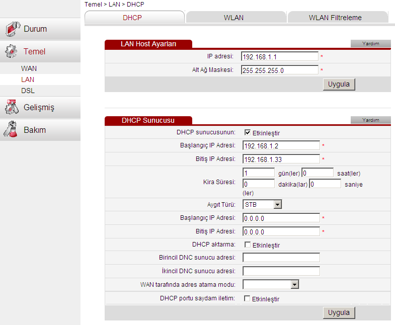 Kullanma Kılavuzu 0678 10 Ayarlar 10 Ayarlar 10.1 DHCP Ayarları HG521 modeminiz aynı zamanda bir DHCP sunucusu olarak ta çalışmaktadır.