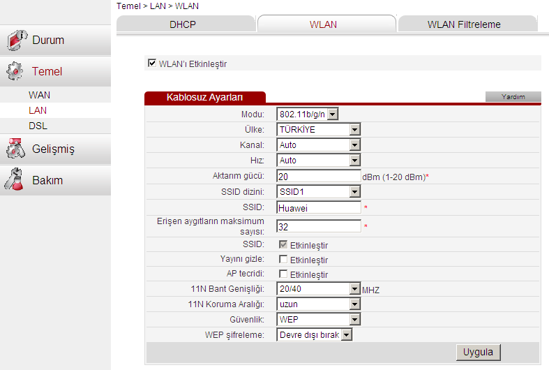 Kullanma Kılavuzu 10.2 Kablosuz Ağ Ayarları 0678 10 Ayarlar Modeminizin kablosuz ağ özelliğini kullanmak için sol taraftaki menüden sırasıyla Temel > LAN > WLAN linklerinde tıklayınız.