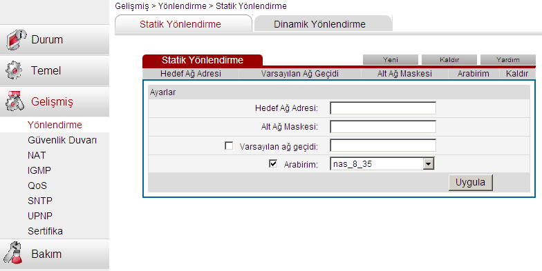 10 Ayarlar 10.4 Yönlendirme Ayarları EchoLife HG521 0678 Kullanma Kılavuzu Yönlendirme özelliği kullanılarak, farklı iki alt ağ arasındaki bağlantıyı sağlayabilirsiniz.