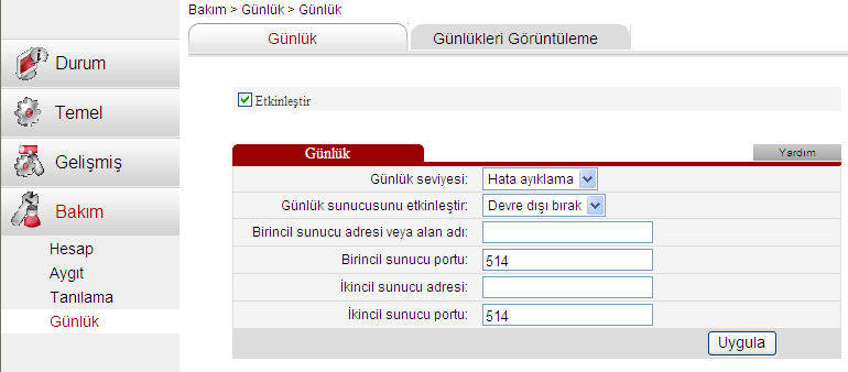 Kullanma Kılavuzu 0678 11.6 Sistem Log unu Görüntüleme 11 Bakım Modem üzerinde olan önemli olayların kayıt altına alınması.