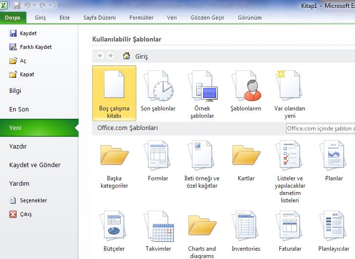 18 8.1. YENİ BİR ÇALIŞMA KİTABI AÇMAK Excel açıldığında ekrana Excel tarafından önceden belirlenmiş hazır değerlere sahip Kitap1 isimli boş çalışma sayfalarından oluşan kaydedilmemiş dosya gelir.