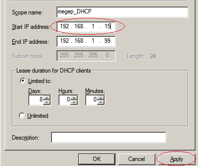 Ekrana gelen pencerede DHCP sunucunun IP dağıtma aralığı görüntülenecektir. Bu aralıkta değişiklik yapmak için başlangıç veya bitiş IP değerini değiştirip Apply düğmesine basmanız yeterlidir. 1.7.